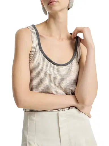 Brunello Cucinelli Women's Striped Linen Lamé Jersey Top with Shiny Trim | Thumbnail 4 Brunello Cucinelli Women's Striped Linen Lamé Jersey Top with Shiny Trim | Thumbnail 4