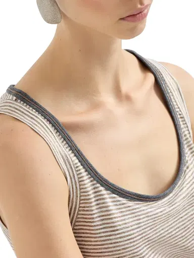 Brunello Cucinelli Women's Striped Linen Lamé Jersey Top with Shiny Trim | Thumbnail 5 Brunello Cucinelli Women's Striped Linen Lamé Jersey Top with Shiny Trim | Thumbnail 5