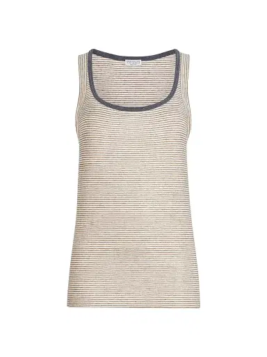 Brunello Cucinelli Women's Striped Linen Lamé Jersey Top with Shiny Trim | Thumbnail 1 Brunello Cucinelli Women's Striped Linen Lamé Jersey Top with Shiny Trim | Thumbnail 1