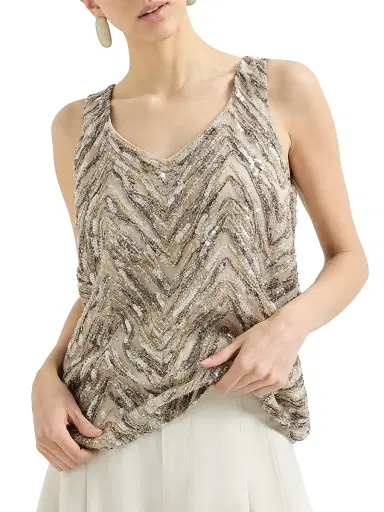 Brunello Cucinelli Women's Crispy Silk Top with Dazzling Chevron Embroidery - Beige | Thumbnail 2 Brunello Cucinelli Women's Crispy Silk Top with Dazzling Chevron Embroidery - Beige | Thumbnail 2