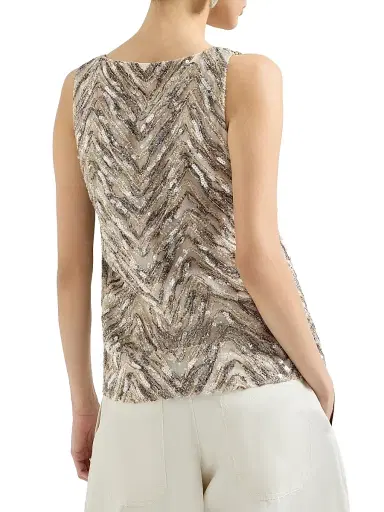 Brunello Cucinelli Women's Crispy Silk Top with Dazzling Chevron Embroidery - Beige | Thumbnail 3 Brunello Cucinelli Women's Crispy Silk Top with Dazzling Chevron Embroidery - Beige | Thumbnail 3
