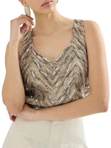 Brunello Cucinelli Women's Crispy Silk Top with Dazzling Chevron Embroidery - Beige | Thumbnail 5 Brunello Cucinelli Women's Crispy Silk Top with Dazzling Chevron Embroidery - Beige | Thumbnail 5