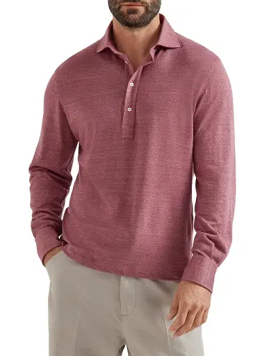 Brunello Cucinelli Men's Linen and Cotton Mélange Jersey Long Sleeve Polo Shirt - Coral - Size XXL | Thumbnail 2 Brunello Cucinelli Men's Linen and Cotton Mélange Jersey Long Sleeve Polo Shirt - Coral - Size XXL | Thumbnail 2