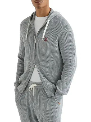 Brunello Cucinelli Men's Cotton English Rib Knit Hooded Sweatshirt with Logo and Zipper | Thumbnail 2 Brunello Cucinelli Men's Cotton English Rib Knit Hooded Sweatshirt with Logo and Zipper | Thumbnail 2