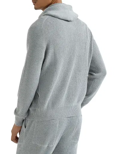 Brunello Cucinelli Men's Cotton English Rib Knit Hooded Sweatshirt with Logo and Zipper | Thumbnail 3 Brunello Cucinelli Men's Cotton English Rib Knit Hooded Sweatshirt with Logo and Zipper | Thumbnail 3