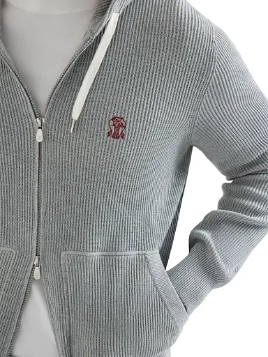 Brunello Cucinelli Men's Cotton English Rib Knit Hooded Sweatshirt with Logo and Zipper | Thumbnail 4 Brunello Cucinelli Men's Cotton English Rib Knit Hooded Sweatshirt with Logo and Zipper | Thumbnail 4
