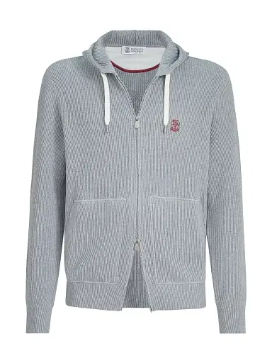 Brunello Cucinelli Men's Cotton English Rib Knit Hooded Sweatshirt with Logo and Zipper | Thumbnail 1 Brunello Cucinelli Men's Cotton English Rib Knit Hooded Sweatshirt with Logo and Zipper | Thumbnail 1