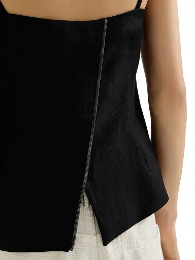 Brunello Cucinelli Women's Viscose and Linen Fluid Twill Top with Monili - Black | Thumbnail 4 Brunello Cucinelli Women's Viscose and Linen Fluid Twill Top with Monili - Black | Thumbnail 4