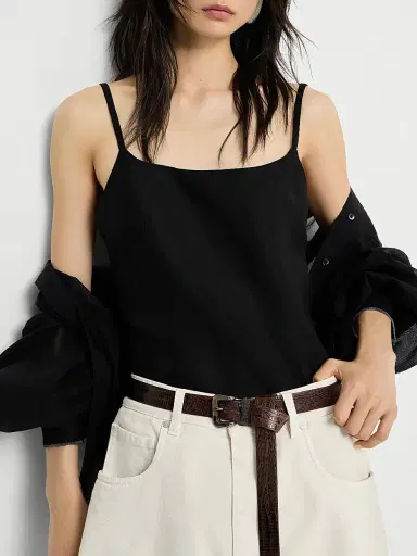 Brunello Cucinelli Women's Viscose and Linen Fluid Twill Top with Monili - Black | Thumbnail 5 Brunello Cucinelli Women's Viscose and Linen Fluid Twill Top with Monili - Black | Thumbnail 5