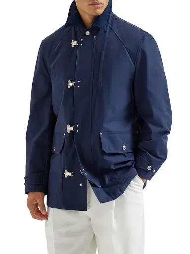 Brunello Cucinelli Men's Water Resistant Techno Cotton Gabardine Outerwear Jacket with Hook Fastening - Blue | Thumbnail 2 Brunello Cucinelli Men's Water Resistant Techno Cotton Gabardine Outerwear Jacket with Hook Fastening - Blue | Thumbnail 2