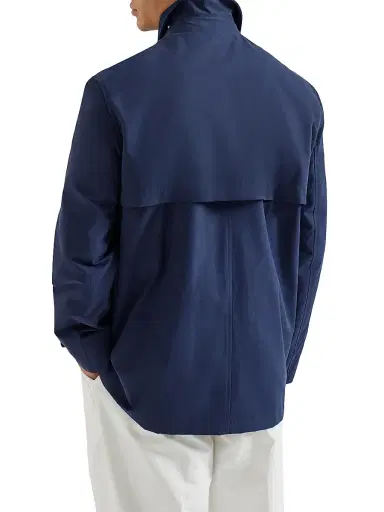 Brunello Cucinelli Men's Water Resistant Techno Cotton Gabardine Outerwear Jacket with Hook Fastening - Blue | Thumbnail 3 Brunello Cucinelli Men's Water Resistant Techno Cotton Gabardine Outerwear Jacket with Hook Fastening - Blue | Thumbnail 3
