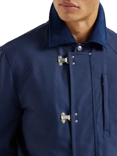 Brunello Cucinelli Men's Water Resistant Techno Cotton Gabardine Outerwear Jacket with Hook Fastening - Blue | Thumbnail 4 Brunello Cucinelli Men's Water Resistant Techno Cotton Gabardine Outerwear Jacket with Hook Fastening - Blue | Thumbnail 4