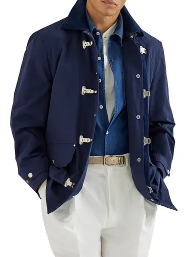 Brunello Cucinelli Men's Water Resistant Techno Cotton Gabardine Outerwear Jacket with Hook Fastening - Blue | Thumbnail 5 Brunello Cucinelli Men's Water Resistant Techno Cotton Gabardine Outerwear Jacket with Hook Fastening - Blue | Thumbnail 5