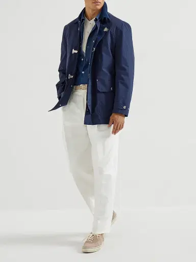 Brunello Cucinelli Men's Water Resistant Techno Cotton Gabardine Outerwear Jacket with Hook Fastening - Blue | Thumbnail 6 Brunello Cucinelli Men's Water Resistant Techno Cotton Gabardine Outerwear Jacket with Hook Fastening - Blue | Thumbnail 6