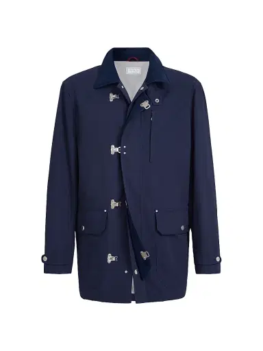 Brunello Cucinelli Men's Water Resistant Techno Cotton Gabardine Outerwear Jacket with Hook Fastening - Blue | Thumbnail 1 Brunello Cucinelli Men's Water Resistant Techno Cotton Gabardine Outerwear Jacket with Hook Fastening - Blue | Thumbnail 1