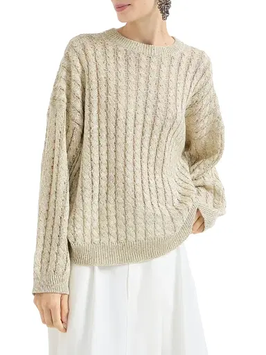 Brunello Cucinelli Women's Linen Dazzling Cable Openwork Sweater - Beige | Thumbnail 2 Brunello Cucinelli Women's Linen Dazzling Cable Openwork Sweater - Beige | Thumbnail 2