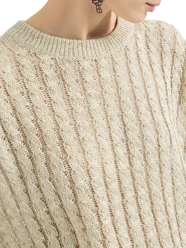 Brunello Cucinelli Women's Linen Dazzling Cable Openwork Sweater - Beige | Thumbnail 4 Brunello Cucinelli Women's Linen Dazzling Cable Openwork Sweater - Beige | Thumbnail 4