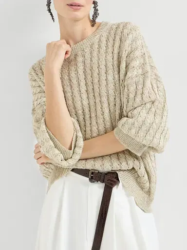 Brunello Cucinelli Women's Linen Dazzling Cable Openwork Sweater - Beige | Thumbnail 5 Brunello Cucinelli Women's Linen Dazzling Cable Openwork Sweater - Beige | Thumbnail 5