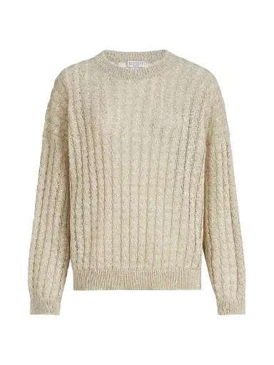 Brunello Cucinelli Women's Linen Dazzling Cable Openwork Sweater - Beige | Thumbnail 1 Brunello Cucinelli Women's Linen Dazzling Cable Openwork Sweater - Beige | Thumbnail 1