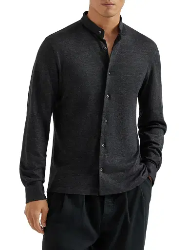 Brunello Cucinelli Men's Linen and Cotton Mélange Jersey Shirt with Mandarin Collar - Anthracite | Thumbnail 2 Brunello Cucinelli Men's Linen and Cotton Mélange Jersey Shirt with Mandarin Collar - Anthracite | Thumbnail 2