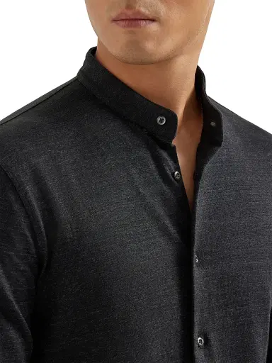 Brunello Cucinelli Men's Linen and Cotton Mélange Jersey Shirt with Mandarin Collar - Anthracite | Thumbnail 4 Brunello Cucinelli Men's Linen and Cotton Mélange Jersey Shirt with Mandarin Collar - Anthracite | Thumbnail 4