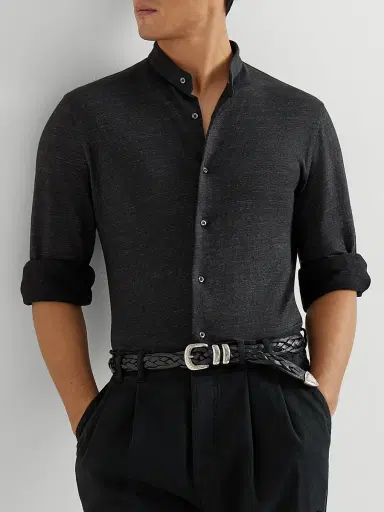 Brunello Cucinelli Men's Linen and Cotton Mélange Jersey Shirt with Mandarin Collar - Anthracite | Thumbnail 5 Brunello Cucinelli Men's Linen and Cotton Mélange Jersey Shirt with Mandarin Collar - Anthracite | Thumbnail 5
