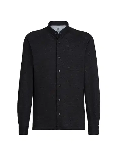 Brunello Cucinelli Men's Linen and Cotton Mélange Jersey Shirt with Mandarin Collar - Anthracite | Thumbnail 1 Brunello Cucinelli Men's Linen and Cotton Mélange Jersey Shirt with Mandarin Collar - Anthracite | Thumbnail 1