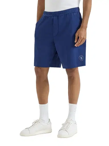 Brunello Cucinelli Men's Cotton Interlock Shorts with Logo - Avio Blue | Thumbnail 2 Brunello Cucinelli Men's Cotton Interlock Shorts with Logo - Avio Blue | Thumbnail 2