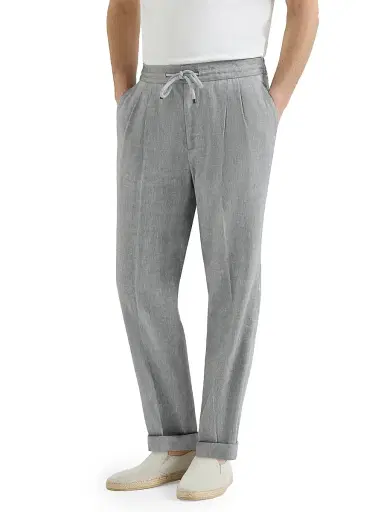Brunello Cucinelli Men's Linen and Virgin Wool Chevron Trousers with Drawstring and Double Pleats - Medium Grey | Thumbnail 2 Brunello Cucinelli Men's Linen and Virgin Wool Chevron Trousers with Drawstring and Double Pleats - Medium Grey | Thumbnail 2