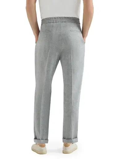Brunello Cucinelli Men's Linen and Virgin Wool Chevron Trousers with Drawstring and Double Pleats - Medium Grey | Thumbnail 4 Brunello Cucinelli Men's Linen and Virgin Wool Chevron Trousers with Drawstring and Double Pleats - Medium Grey | Thumbnail 4
