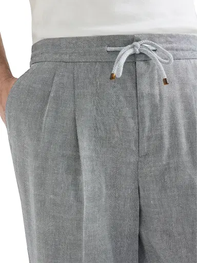 Brunello Cucinelli Men's Linen and Virgin Wool Chevron Trousers with Drawstring and Double Pleats - Medium Grey | Thumbnail 5 Brunello Cucinelli Men's Linen and Virgin Wool Chevron Trousers with Drawstring and Double Pleats - Medium Grey | Thumbnail 5