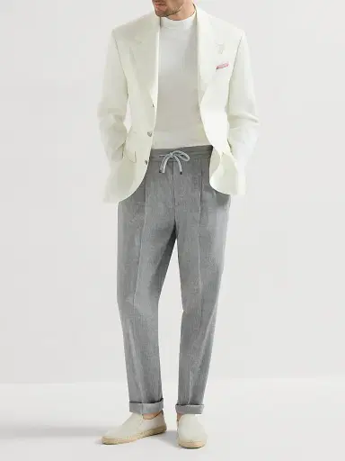 Brunello Cucinelli Men's Linen and Virgin Wool Chevron Trousers with Drawstring and Double Pleats - Medium Grey | Thumbnail 6 Brunello Cucinelli Men's Linen and Virgin Wool Chevron Trousers with Drawstring and Double Pleats - Medium Grey | Thumbnail 6