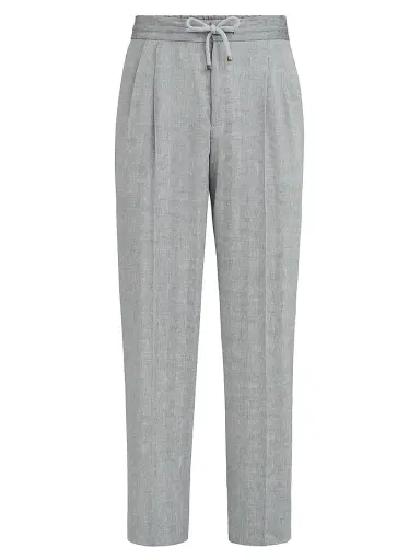 Brunello Cucinelli Men's Linen and Virgin Wool Chevron Trousers with Drawstring and Double Pleats - Medium Grey | Thumbnail 1 Brunello Cucinelli Men's Linen and Virgin Wool Chevron Trousers with Drawstring and Double Pleats - Medium Grey | Thumbnail 1