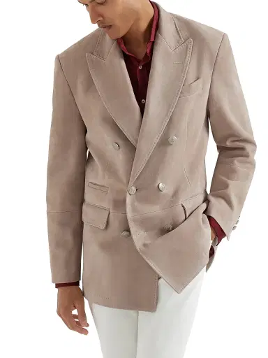 Brunello Cucinelli Men's Country Suede One and a Half Breasted Blazer with Metal Buttons | Thumbnail 1 Brunello Cucinelli Men's Country Suede One and a Half Breasted Blazer with Metal Buttons | Thumbnail 1
