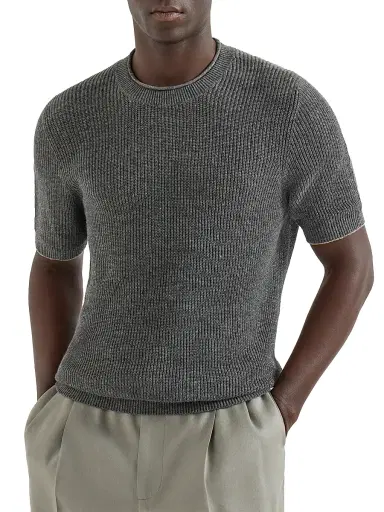 Brunello Cucinelli Men's Linen and Cotton Half English Rib Knit T-Shirt | Thumbnail 2 Brunello Cucinelli Men's Linen and Cotton Half English Rib Knit T-Shirt | Thumbnail 2