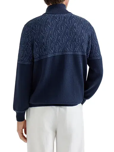 Brunello Cucinelli Men's Cotton Cardigan with Jacquard Cable Shoulder - Navy Blue | Thumbnail 3 Brunello Cucinelli Men's Cotton Cardigan with Jacquard Cable Shoulder - Navy Blue | Thumbnail 3