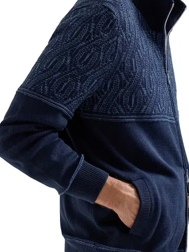 Brunello Cucinelli Men's Cotton Cardigan with Jacquard Cable Shoulder | Thumbnail 4 Brunello Cucinelli Men's Cotton Cardigan with Jacquard Cable Shoulder | Thumbnail 4