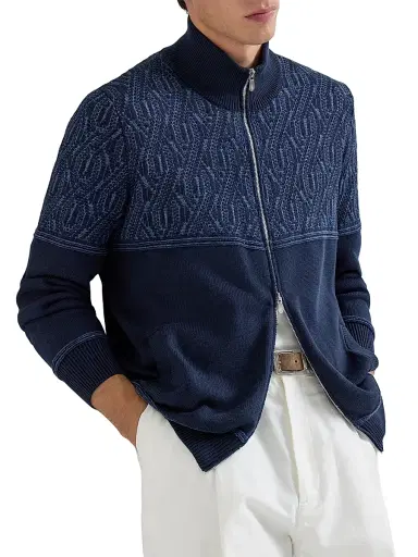 Brunello Cucinelli Men's Cotton Cardigan with Jacquard Cable Shoulder | Thumbnail 5 Brunello Cucinelli Men's Cotton Cardigan with Jacquard Cable Shoulder | Thumbnail 5
