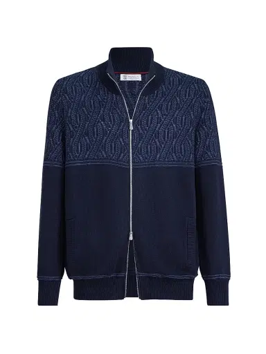 Brunello Cucinelli Men's Cotton Cardigan with Jacquard Cable Shoulder - Navy Blue | Thumbnail 1 Brunello Cucinelli Men's Cotton Cardigan with Jacquard Cable Shoulder - Navy Blue | Thumbnail 1