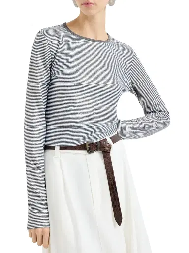 Brunello Cucinelli Women's Striped Linen Lamé Jersey Top with Shiny Trim - Blue - Size XL | Thumbnail 2 Brunello Cucinelli Women's Striped Linen Lamé Jersey Top with Shiny Trim - Blue - Size XL | Thumbnail 2