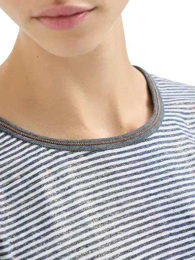 Brunello Cucinelli Women's Striped Linen Lamé Jersey Top with Shiny Trim - Blue - Size XL | Thumbnail 4 Brunello Cucinelli Women's Striped Linen Lamé Jersey Top with Shiny Trim - Blue - Size XL | Thumbnail 4