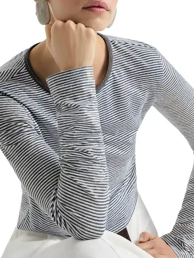 Brunello Cucinelli Women's Striped Linen Lamé Jersey Top with Shiny Trim - Blue - Size XL | Thumbnail 5 Brunello Cucinelli Women's Striped Linen Lamé Jersey Top with Shiny Trim - Blue - Size XL | Thumbnail 5