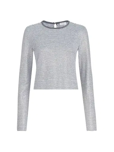 Brunello Cucinelli Women's Striped Linen Lamé Jersey Top with Shiny Trim - Blue - Size XL | Thumbnail 1 Brunello Cucinelli Women's Striped Linen Lamé Jersey Top with Shiny Trim - Blue - Size XL | Thumbnail 1