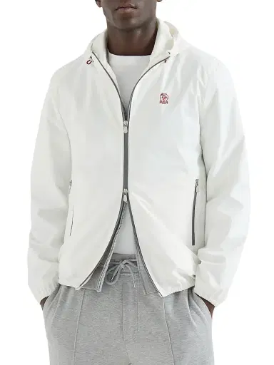 Brunello Cucinelli Men's Bonded Nylon Hooded Outerwear Jacket with Logo - Off White | Thumbnail 2 Brunello Cucinelli Men's Bonded Nylon Hooded Outerwear Jacket with Logo - Off White | Thumbnail 2