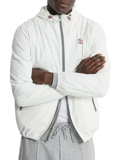 Brunello Cucinelli Men's Bonded Nylon Hooded Outerwear Jacket with Logo - Off White | Thumbnail 5 Brunello Cucinelli Men's Bonded Nylon Hooded Outerwear Jacket with Logo - Off White | Thumbnail 5