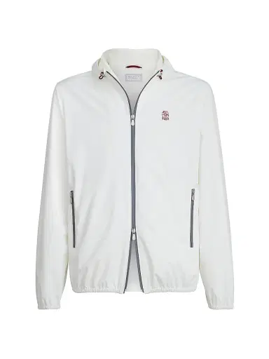 Brunello Cucinelli Men's Bonded Nylon Hooded Outerwear Jacket with Logo - Off White | Thumbnail 1 Brunello Cucinelli Men's Bonded Nylon Hooded Outerwear Jacket with Logo - Off White | Thumbnail 1
