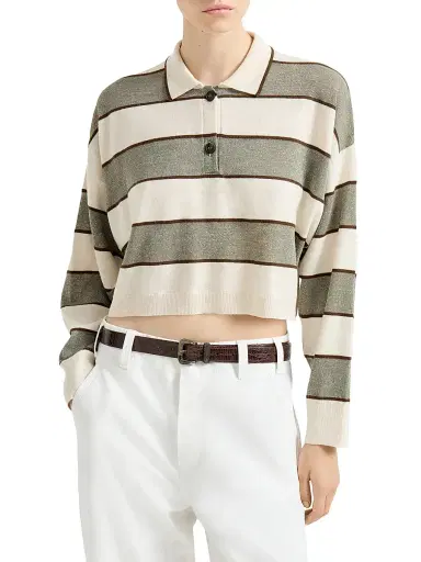 Brunello Cucinelli Women's Virgin Wool, Cashmere and Linen Cropped Knit Polo - Sage | Thumbnail 2 Brunello Cucinelli Women's Virgin Wool, Cashmere and Linen Cropped Knit Polo - Sage | Thumbnail 2