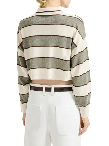 Brunello Cucinelli Women's Virgin Wool, Cashmere and Linen Cropped Knit Polo - Sage | Thumbnail 3 Brunello Cucinelli Women's Virgin Wool, Cashmere and Linen Cropped Knit Polo - Sage | Thumbnail 3