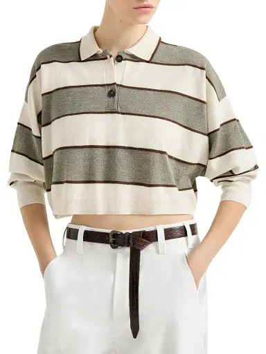 Brunello Cucinelli Women's Virgin Wool, Cashmere and Linen Cropped Knit Polo - Sage | Thumbnail 5 Brunello Cucinelli Women's Virgin Wool, Cashmere and Linen Cropped Knit Polo - Sage | Thumbnail 5
