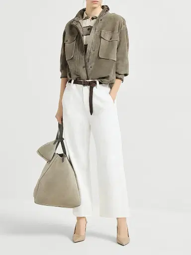 Brunello Cucinelli Women's Virgin Wool, Cashmere and Linen Cropped Knit Polo - Sage | Thumbnail 6 Brunello Cucinelli Women's Virgin Wool, Cashmere and Linen Cropped Knit Polo - Sage | Thumbnail 6